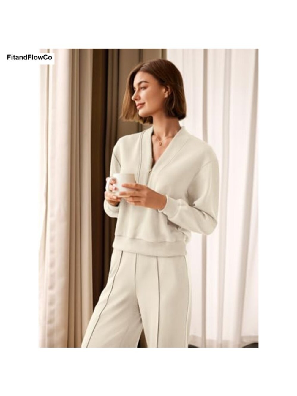 Womens 2 Piece Sweatsuit Half Zip Pullover Wide Leg Pants Lounge Set - Picture 2 of 5